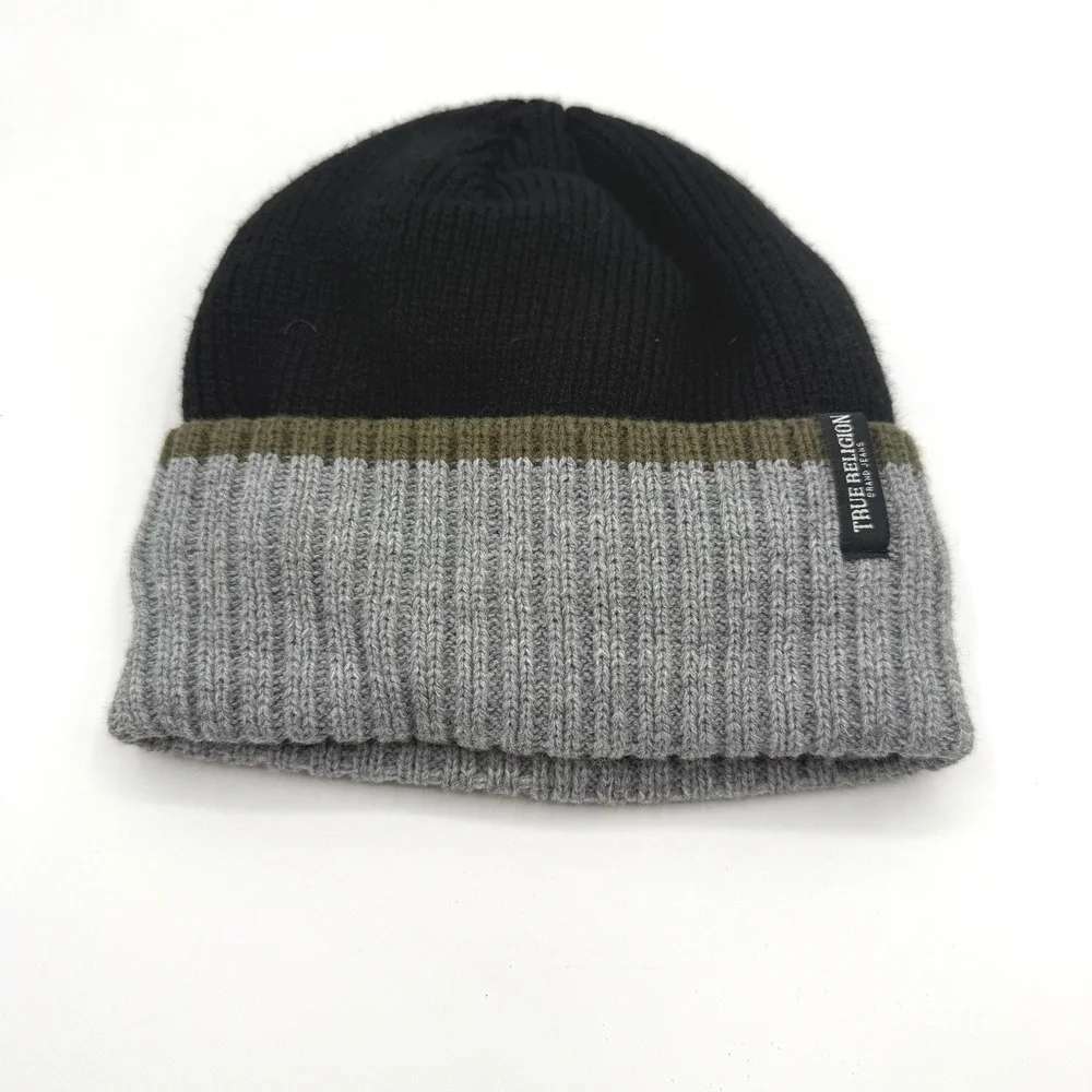 True Religion Beanie Mens One Size Black‎ Grey Colorblock Faux Shearling Lined